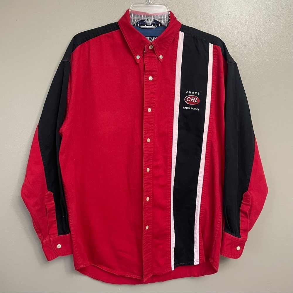 VINTAGE 90’s Chaps Ralph Lauren Colorblock Button Down black red stripe Medium